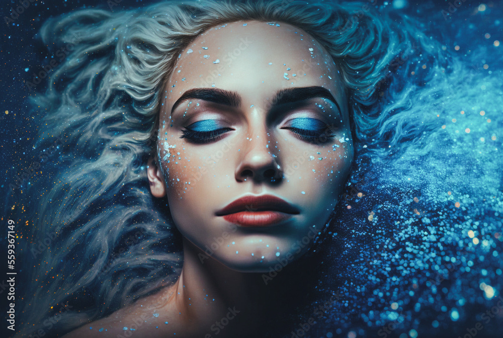  Beautiful face of a woman with flowing hair floating in blue water or outer space. generative AI