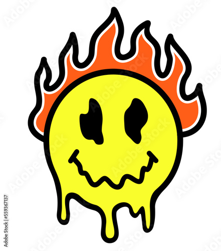 Smile melt face burn in fire t-shirt print design. Vector hand drawn trendy cartoon character illustration. Retro distorted melting burning Smile. Smile emoji face illustration