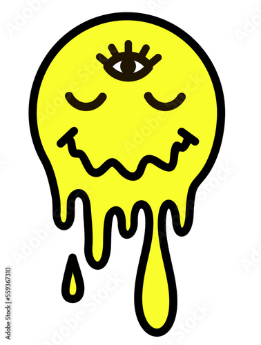 A face with a smile and a third eye. Icon. Cartoon character illustration. Melting smile. Trippy smiley smile psychedelic face, lsd, acid, trip print for t-shirt, sticker, poster concept