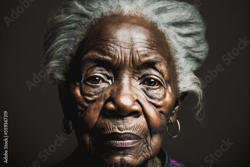 Portrait of mature black woman with wrinkles on her face and gray hair. generative AI © Haydiddle