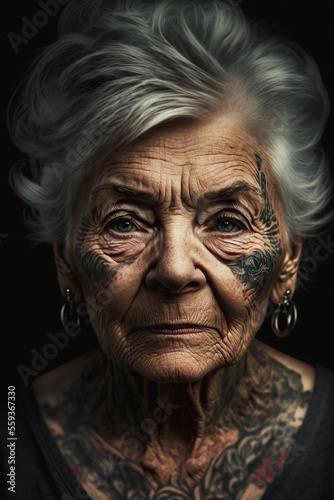  Mature old lady with tattoo on her face. generative AI