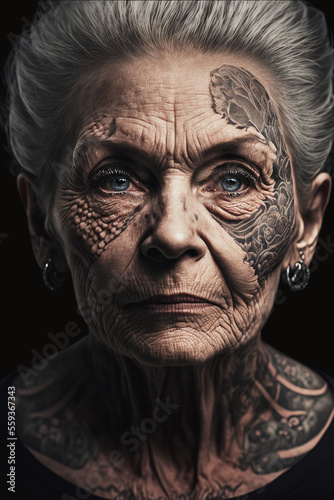 Mature old lady with tattoo on her face. generative AI © Haydiddle
