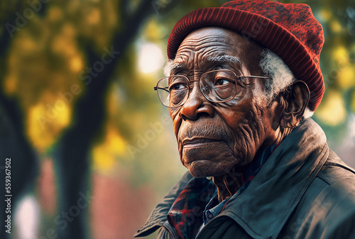  Mature old black man with wise eyes and a wrinkled face. generative AI