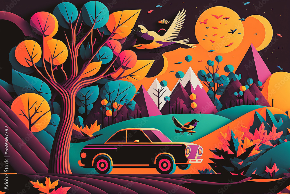  Car driving through surreal nature made up of vibrant colors. generative AI