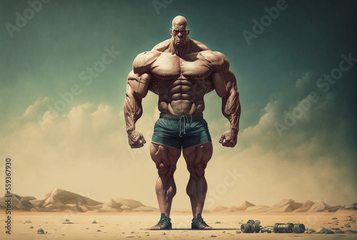  Body Builder man with huge muscles standing shirtless in a desert. generative AI photo