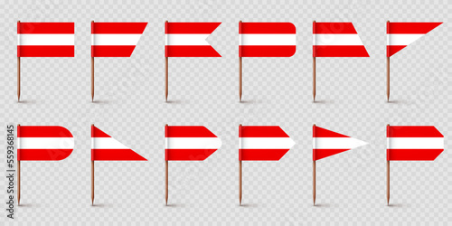 Realistic various Austrian toothpick flags. Souvenir from Austria. Wooden toothpicks with paper flag. Location mark, map pointer. Blank mockup for advertising and promotions. Vector illustration