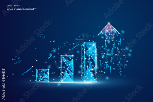 Growth chart in glowing blue. Low polygon or low poly design. Wireframe light connection structure. Vector wireframe concept.	