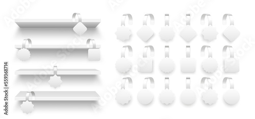 Store shelves with supermarket promotional wobblers. Product shelf and advertising wobbler. Grocery wall rack. Sale or discount label, special offer price tag. Vector illustration