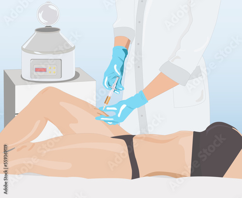 Illustration. Aesthetic cosmetologist makes lipolytic injections to burn fat on the legs and body of a woman. Female aesthetic cosmetology in a beauty salon.Cosmetology concept	
