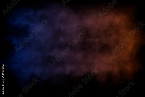 Smoke clouds with color gradient from blue to orange isolated on black background.