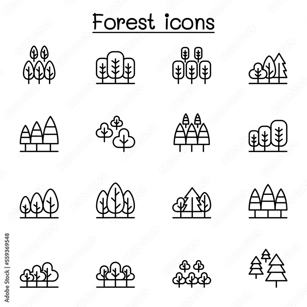Forest, Park, Wild and Jungle icon set in thin line style