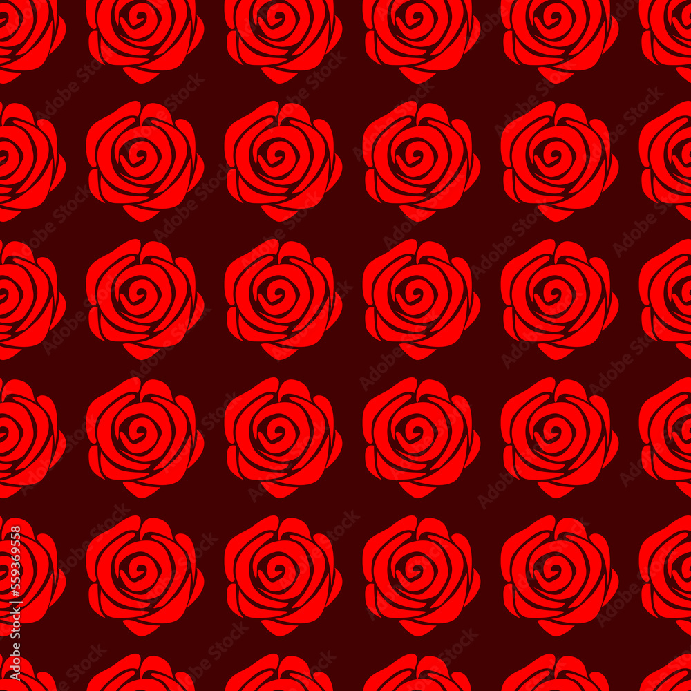 Seamless pattern with red roses on a burgundy background.