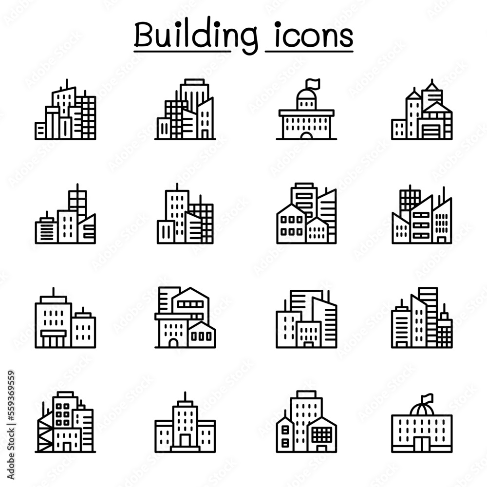 City,Landmark, building and architecture icon set in thin line style