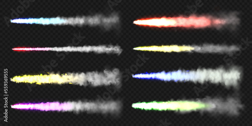 Realistic colorful space rocket trails. Festive fireworks launch. Fire burst, explosion. Missile or bullet trail. Jet aircraft tracks. Smoke clouds, fog. Steam flow. Vector illustration