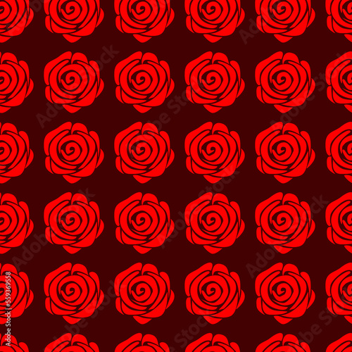 Seamless pattern with red roses on a burgundy background.