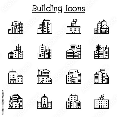 City,Landmark, building and architecture icon set in thin line style