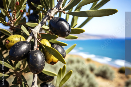 Ripe organic olives on an olive tree against a backdrop of the Mediterranean coast Close up of a black olive fruit on a branch of a tree  eco friendly goods  wholesome vegetarian cuisine. Generative