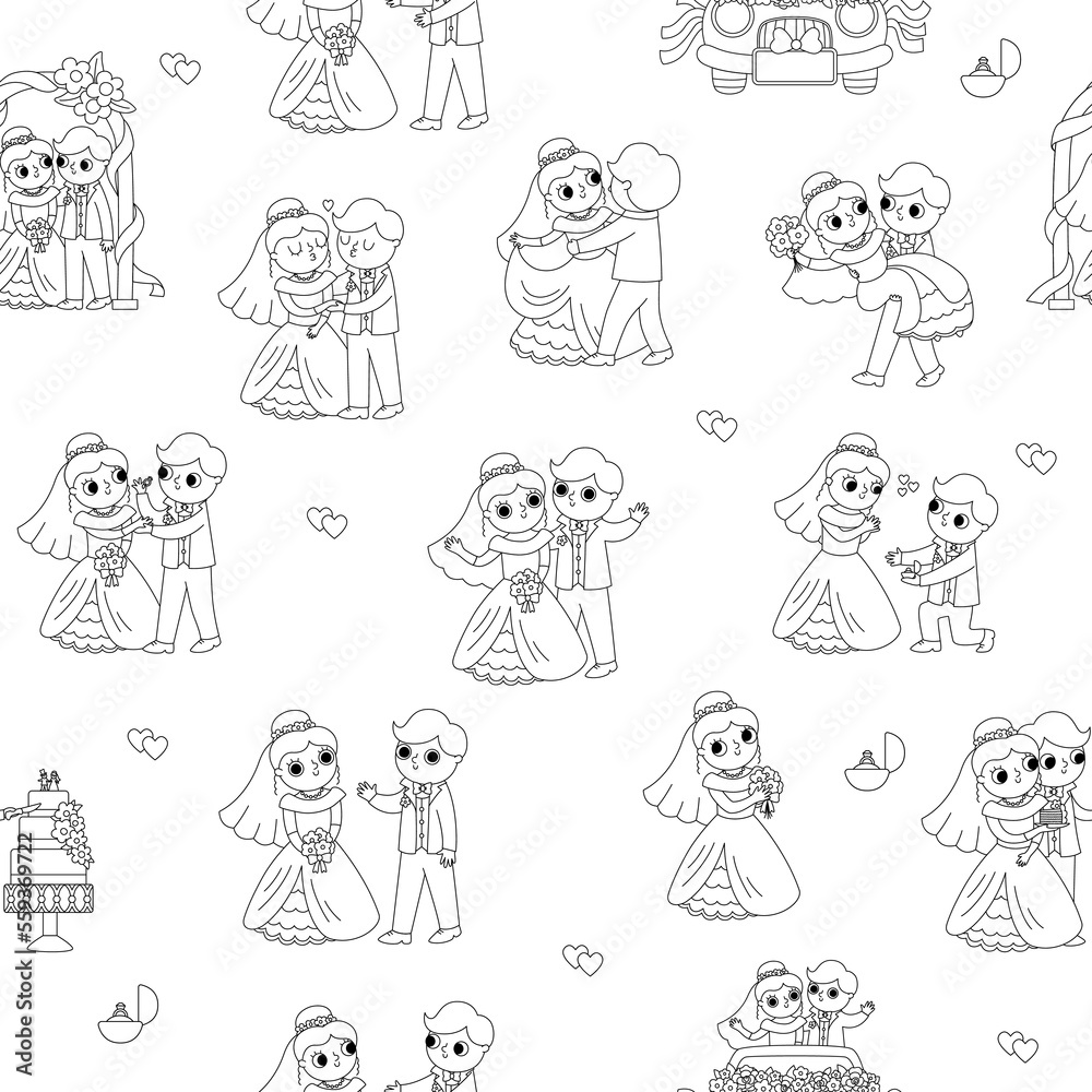 Vector black and white seamless pattern with bride and groom. Cute line just married couple repeat background. Wedding ceremony coloring page. Cartoon marriage digital paper.