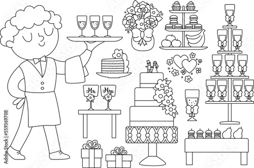 Vector black and white wedding candy bar set. Cute line marriage sweet table or buffet clipart with waiter, cake, champagne, snacks, fruit. Just married holiday meal coloring page.