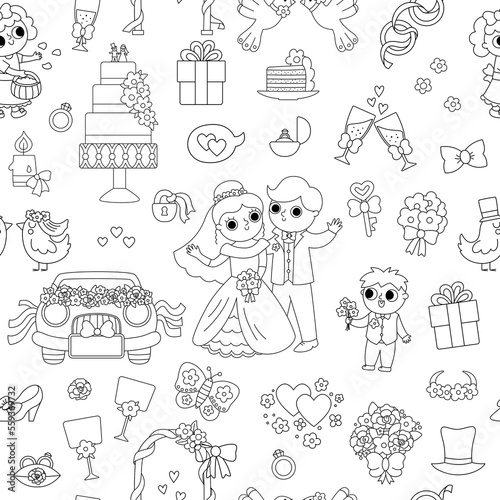 Vector black and white wedding seamless pattern. Cute line marriage repeat background with bride and groom. Just married couple coloring page. Funny ceremony digital paper with cute bridesmaids .