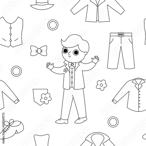 Vector black and white seamless pattern with groom clothes. Cute line repeat background with just married boy in suit. Wedding ceremony digital paper. Cartoon marriage coloring page.