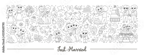 Vector black and white wedding horizontal set with just married couple. Marriage ceremony card template for banners, invitations. Cute line matrimonial illustration or coloring page.