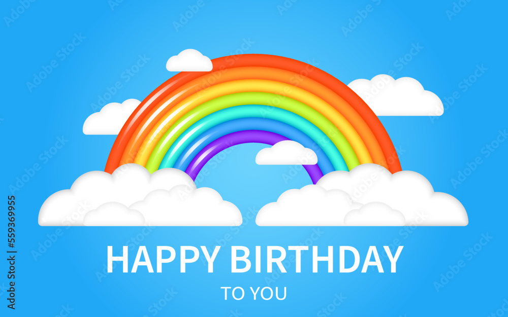 Beautiful summer 3d fluffy clouds in the blue sky with realistic 3d rainbow. Children vector illustration. Three dimensional style. Happy Birthday. Kids cartoon illustration for flyer or banner. Beautiful summer 3d fluffy clouds in the blue sky with realistic 3d rainbow. Children vector illustration. Three dimensional style. Happy Birthday. Kids cartoon illustration for flyer or banner.