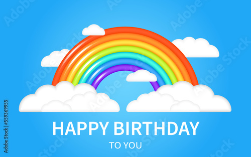 Beautiful summer 3d fluffy clouds in the blue sky with realistic 3d rainbow. Children vector illustration. Three dimensional style. Happy Birthday. Kids cartoon illustration for flyer or banner. 