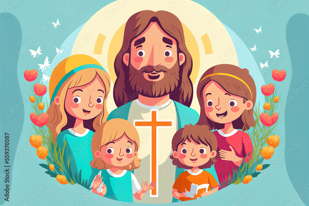 Jesus Christ and children backdrop with a flat picture of the bible and religious symbols. Generative AI Jesus Christ and children backdrop with a flat picture of the bible and religious symbols. Generative AI
