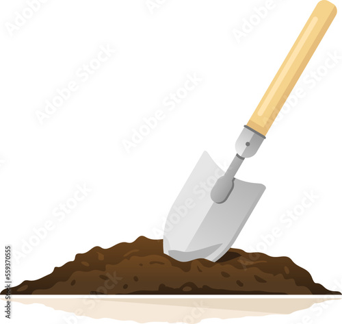 Hand shovel in ground on side view isolated illustration, gardening tools equipment, spring work