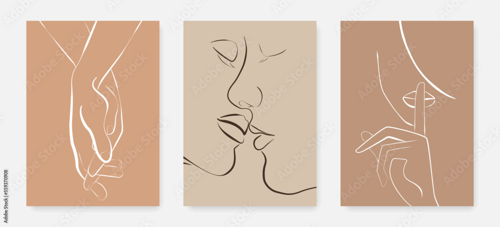 Couple Kiss, Hands, Woman Face Single Line Drawing Set. Simple Minimalist Illustration. Minimal Sketch Drawing Prints Set. Love Concept Abstract Single Line for Home Decor, Wall Art. Vector EPS 10 
