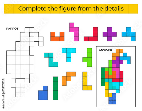 Complete the figure. Puzzle game with parrot. 