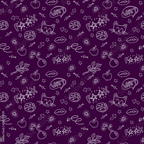 2000s emo girl kawaii style seamless pattern texture background with elements like apple, bomb, arrow, speech balloon and diamond Doodle design for textile graphics, wallpapers
