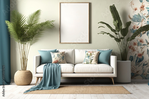 Background for a coastal bohemian living room, wall mockup,. Generative AI