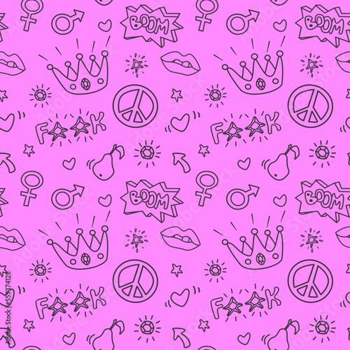 2000s emo girl kawaii style seamless pattern texture background with elements like crown, lips, arrow, speech balloon, heart and diamond Doodle design for textile graphics, wallpapers