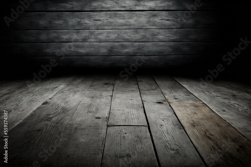 Background of an empty, gray hardwood floor. Generative AI