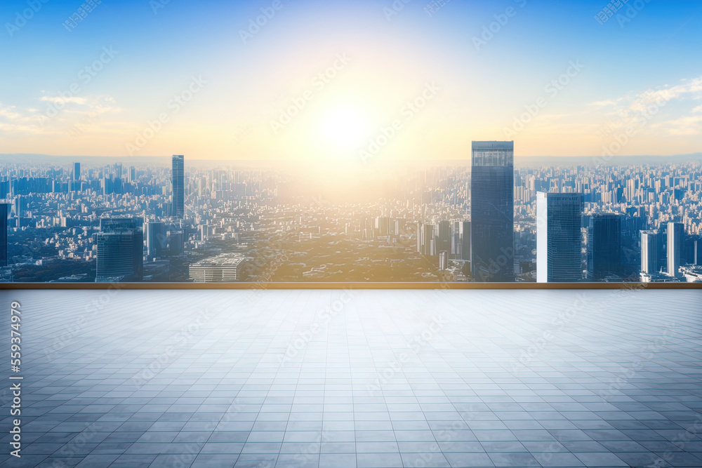Business idea Tokyo, Japan dawn and morning blue light sky with empty marble floor top and panoramic contemporary cityscape building for exhibition or montage product. Generative AI