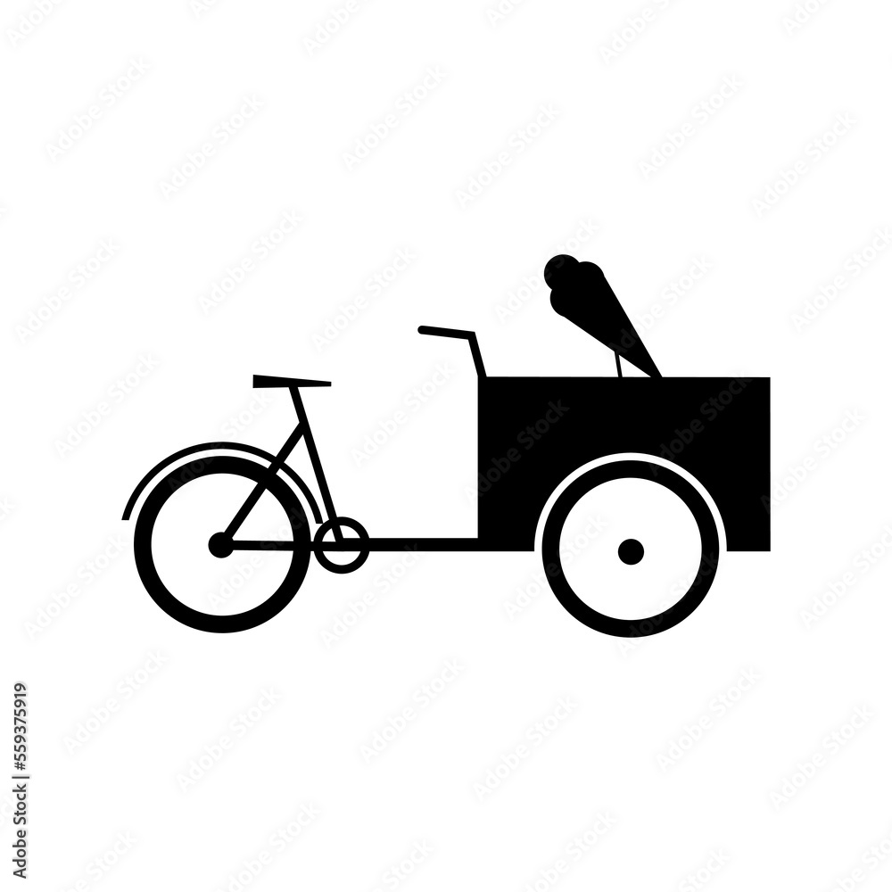 Ice cream bicycle with cart. Cargo Bike silhouette icon flat vector illustration Ice cream bicycle with cart. Cargo Bike silhouette icon flat vector illustration