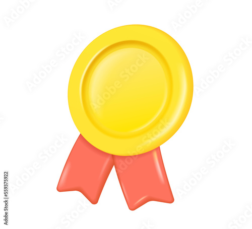 Award medal with pastel red ribbon plastic. Realistic 3D Design Achievement Award. Isolated on white background.