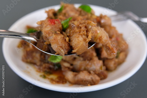 Stir-fried Pork with Shrimp Paste (Moo Pad Kapi) Thai Food spicy dish 