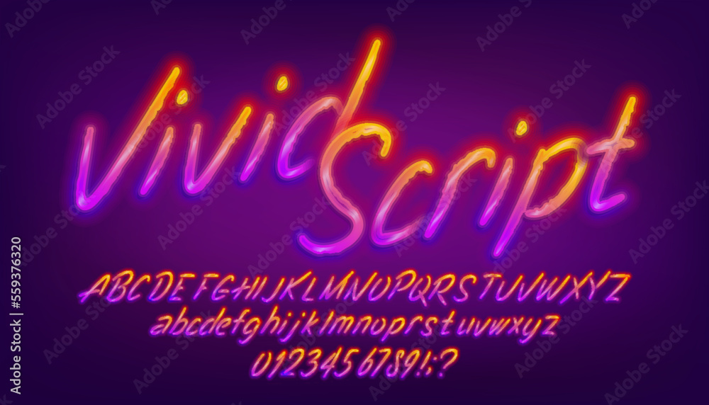 Vivid Script alphabet font. Bright neon letters and numbers. Uppercase ...