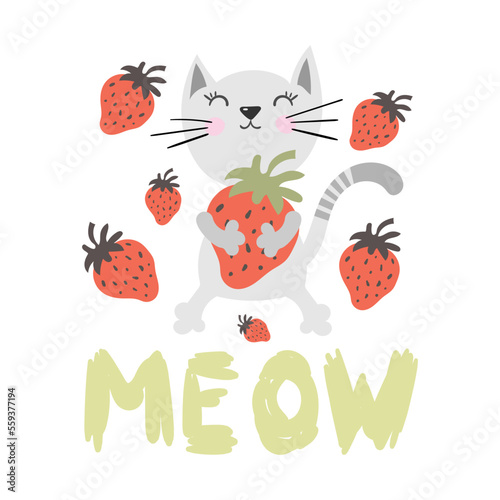 Cute kitten with strawberry vector design. Children illustration for School copy note books, pink hearts. Animal print.
