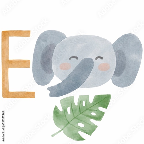 Wallpaper Mural Letter E elephant Safari watercolor alphabet letter. African ABC Jungle exotical animals nursery letter. Hand painted illustration isolated on white background.  Torontodigital.ca