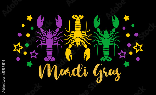 Mardi Gras decor. Beads, three lobsters, 3 crayfish clip art. Fat Tuesday decoration print