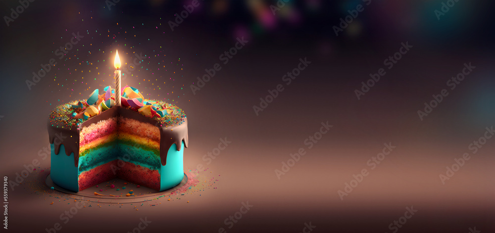 Colorful birthday cake with candle and sprinkles with confetti 3D ...