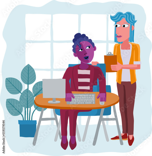 Two women at work business illustration of an office scene with a computer workstation. In an original abstract cubist flat modern cartoon style.