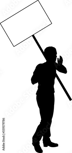 Protestor or demonstrator at a demonstration march, picket line or strike protest rally in silhouette. Holding up a banner or picket sign board placard.