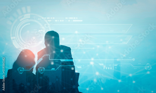 Futuristic silhouette business people group working on communication technology with internet link graphic background, Business global network connection telecommunication technology concept