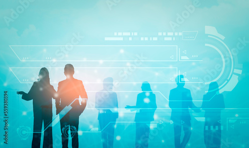 Futuristic silhouette business people group working on communication technology with internet link graphic background, Business global network connection telecommunication technology concept