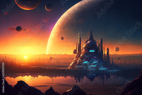 Sci fi, science fiction, interplanetary cities, extraterrestrial civilisation, cities on other planets, sci fi cities, surreal structures. Generative AI